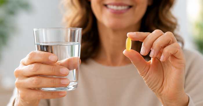 woman holding supplement up close