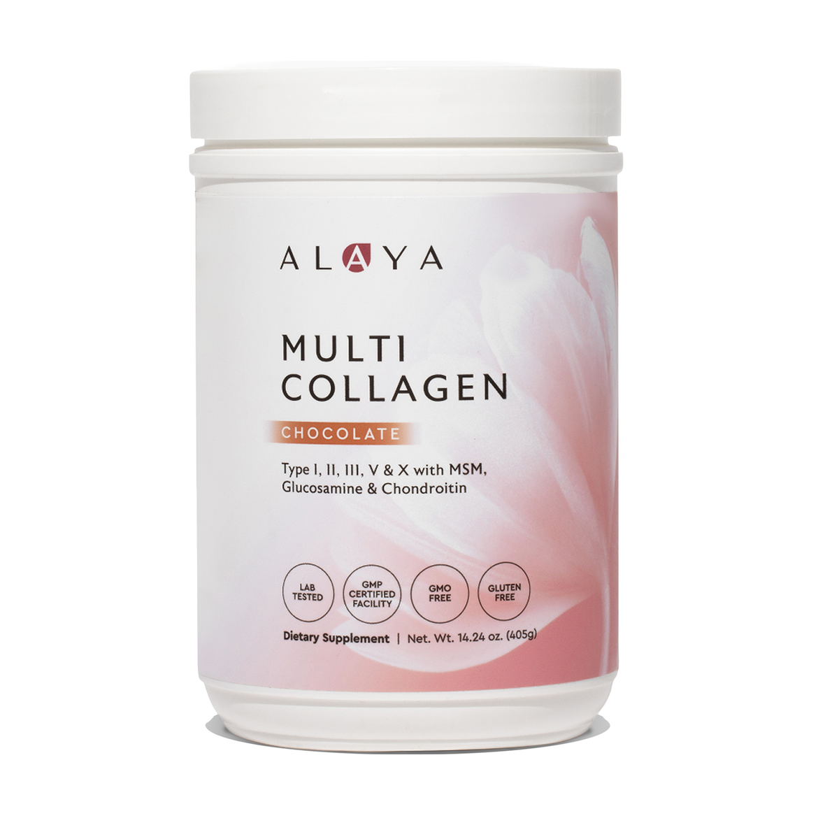 Alaya Multi Collagen Chocolate Powder supplement bottle on a white background #flavor_chocolate