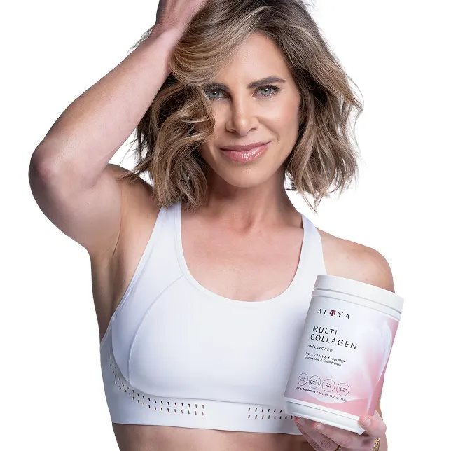 Jillian Michaels holding a jar of Alaya Multi Collagen