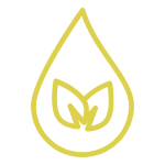Yellow outline of a water droplet with two leaves inside.